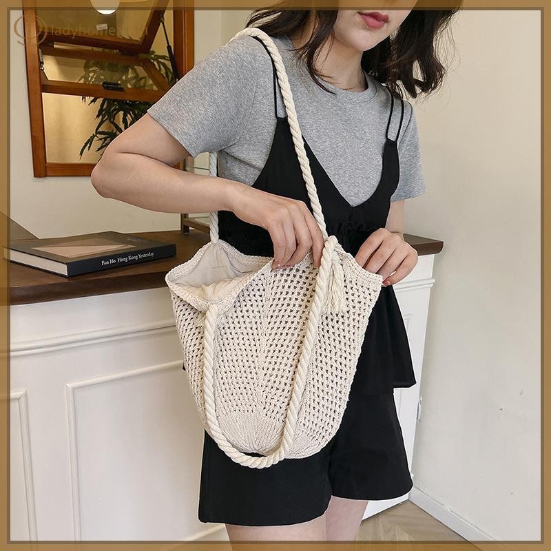 ONELADY กระเป๋าสะพายสตรีลําลองถักสุภาพสตรี Handmade Totes ความจุขนาดใหญ่ฤดูร้อน Hollow Beach Bag TH