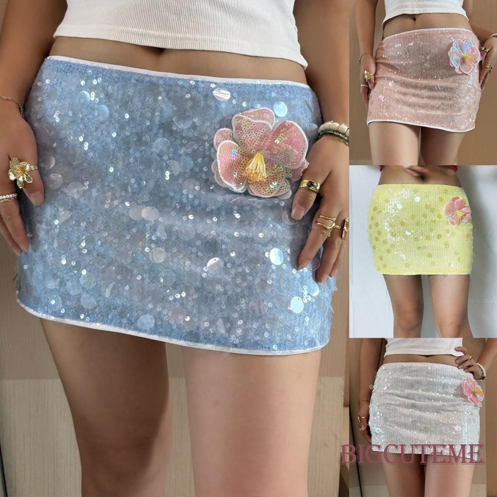 กระโปรงผู้หญิงเลื่อมแฟชั่นเอวต่ำ 3D ดอกไม้ สไตล์.slim fit กระโปรงคลับสั้น