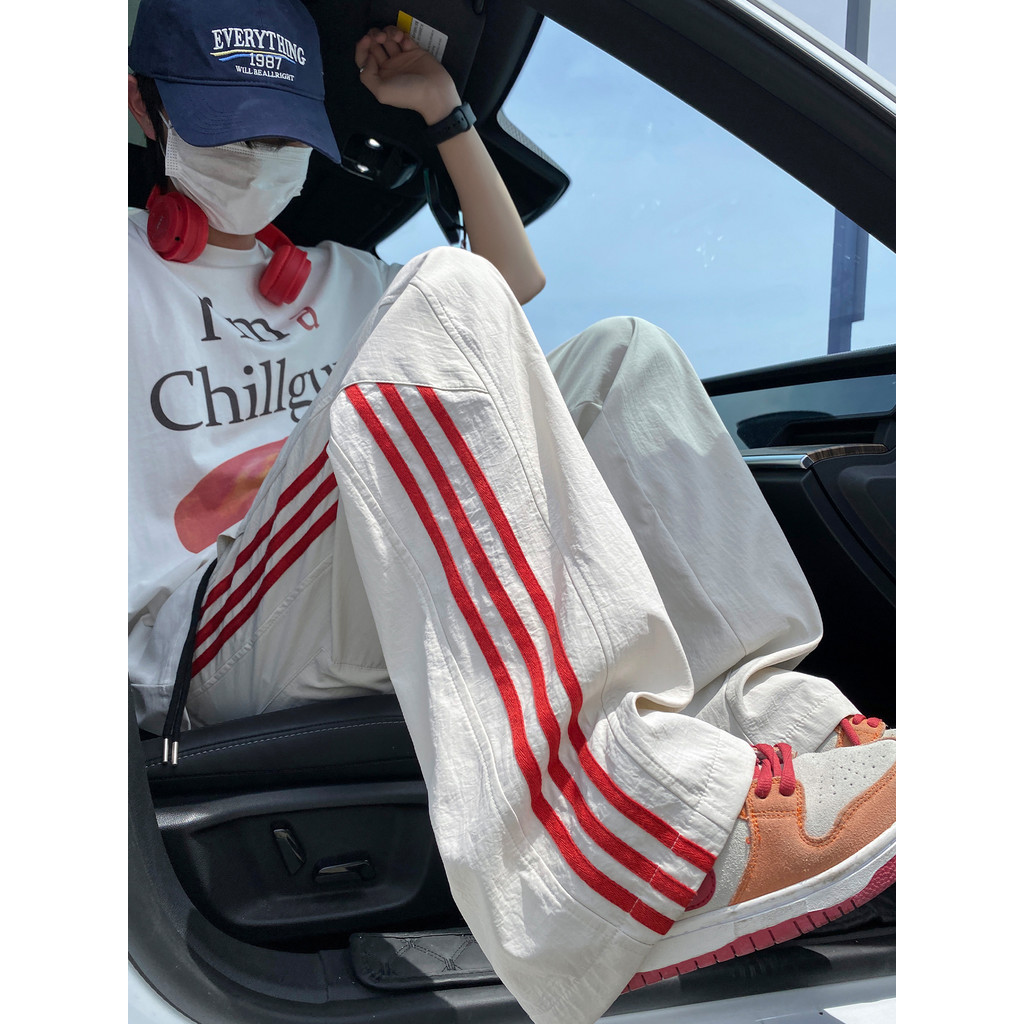 SUIKONE ซุยโคเนะ อเมริกันย้อนยุคลายบางหลวมตรงกางเกงสําหรับผู้ชายและผู้หญิงในฤดูร้อน