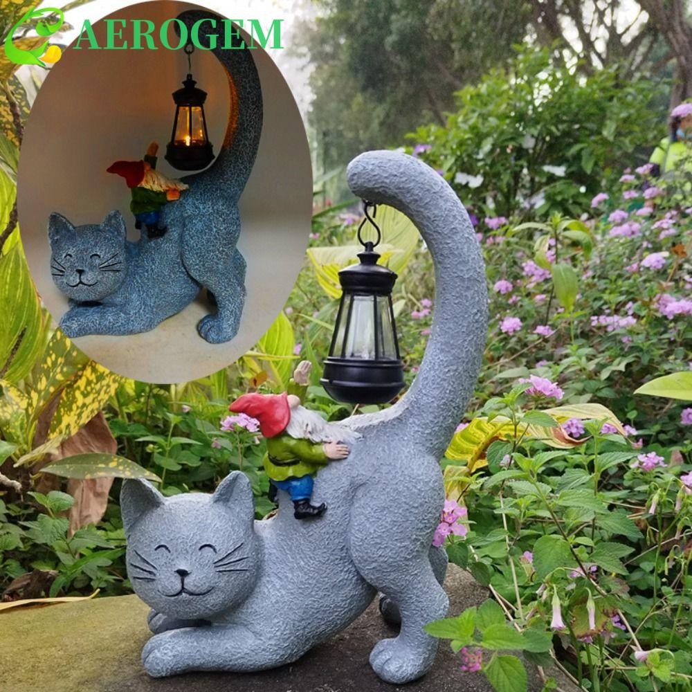 AEROGEM Cat Elf เครื่องประดับพลังงานแสงอาทิตย์,เรซิ่นรูปปั้นสัตว์สร้างสรรค์,เดสก์ท็อปตกแต่งน่ารักศิลปะกันน้ําสวนFigurines ประติมากรรมโคมไฟระเบียง