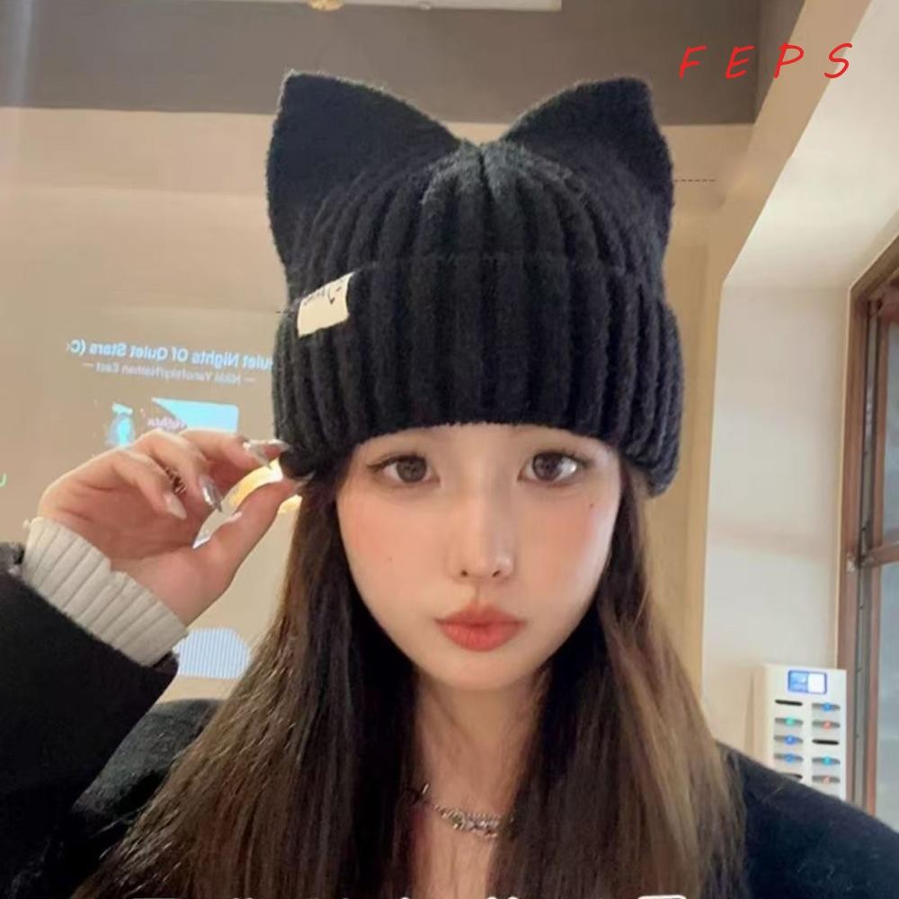 หมวกบีนนี่ไม่มีปีก,กํามะหยี่หนาฤดูหนาวที่อบอุ่นหมวกกันลม,ป้องกันหูหูแมวน่ารักถัก หมวกไหมพรม หมวกถักกีฬากลางแจ้ง