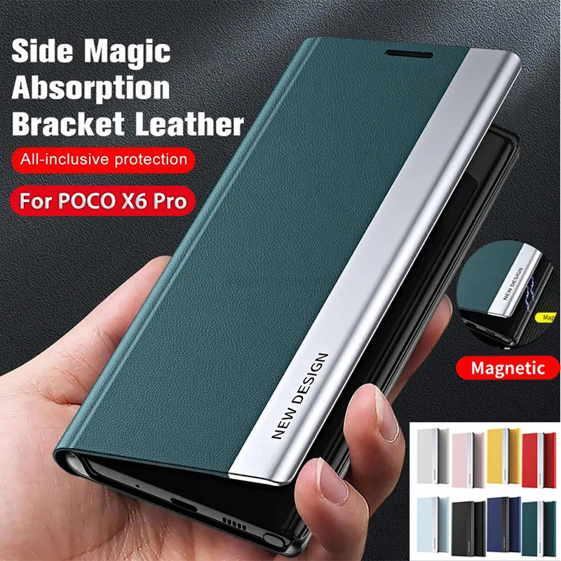 หนังชุบแม่เหล็กสําหรับ Poco X6 F6 Pro 5G X5 X4 GT X3 NFC CoqueสําหรับPoco F5 F4 F3 M5S M4 M6 Proขาตั้งฝาครอบโทรศัพท์