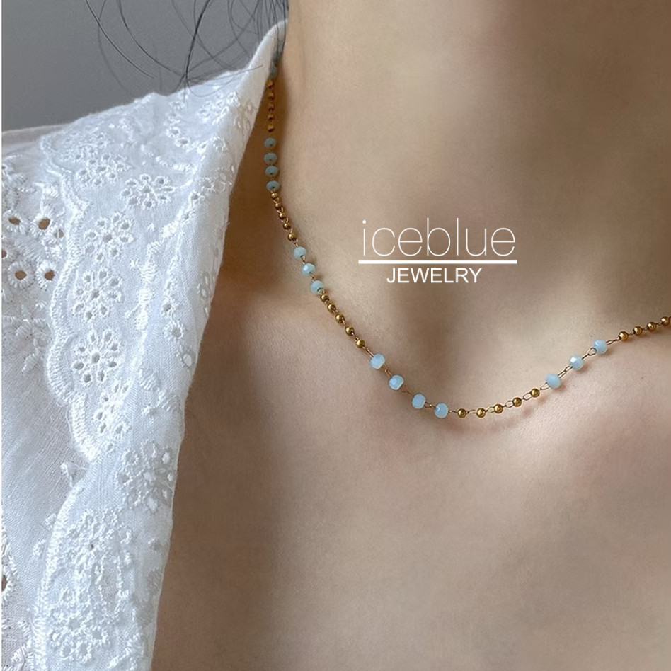Iceblue-blue คริสตัลสร้อยคอลูกปัดทอง 18K Gold Plated กันน้ํา Non Tarnish เครื่องประดับสแตนเลสสร้อยคอ