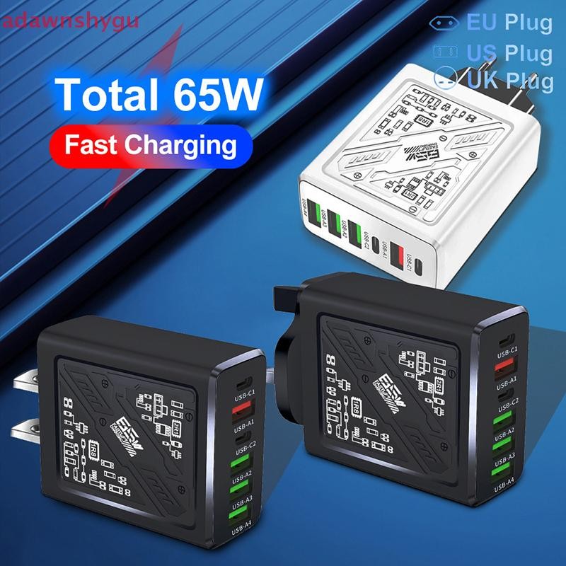 Adagu 65W 6-Ports USB Type-C ชาร์จโทรศัพท์ 4USB PD Fast Charging Trip Travel Power Adapter สําหรับ IPhone สําหรับ Samsung Huawei Xiaomi TH