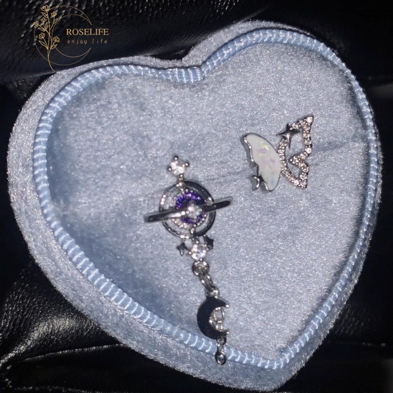 Roselife S925 Silver Cool Punk Unisex คริสตัลสีม่วง Planet จี้สกรูต่างหูผู้หญิงผู้ชาย Pierced ผีเสื้อทุกวันหู Studs เครื่องประดับอุปกรณ์เสริม