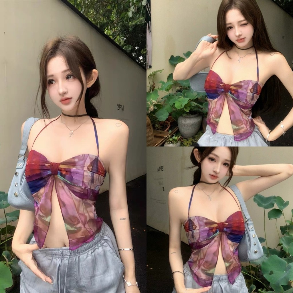 Evelyn เสื้อคล้องคอผ้าชีฟองยืดกำลังดีลายสีม่วงแดงมัดย้อม เซ็กสวยเก๋ สายเดี่ยว เซ็กซี่ สวย ชิค#FY2646