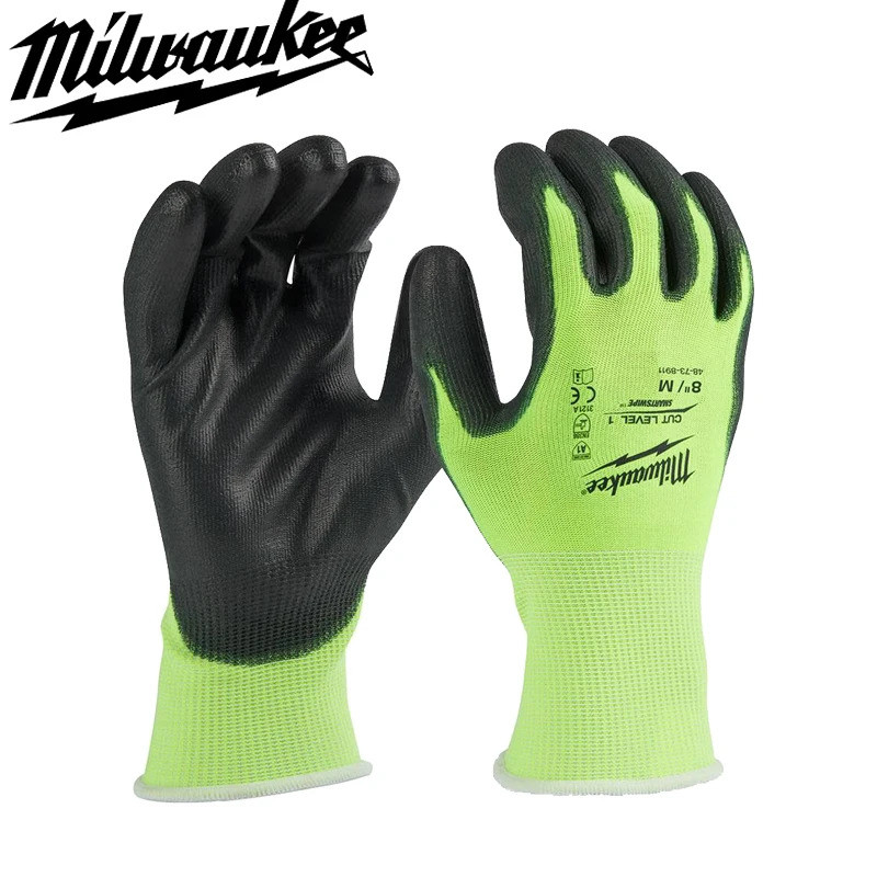 Milwaukee  48-73-8911 48-73-8912 การมองเห็นสูงตัดระดับ 1 ถุงมือจุ่มโพลียูรีเทนขนาดกลางขนาดใหญ่น้ําหนักเบาระบายอากา