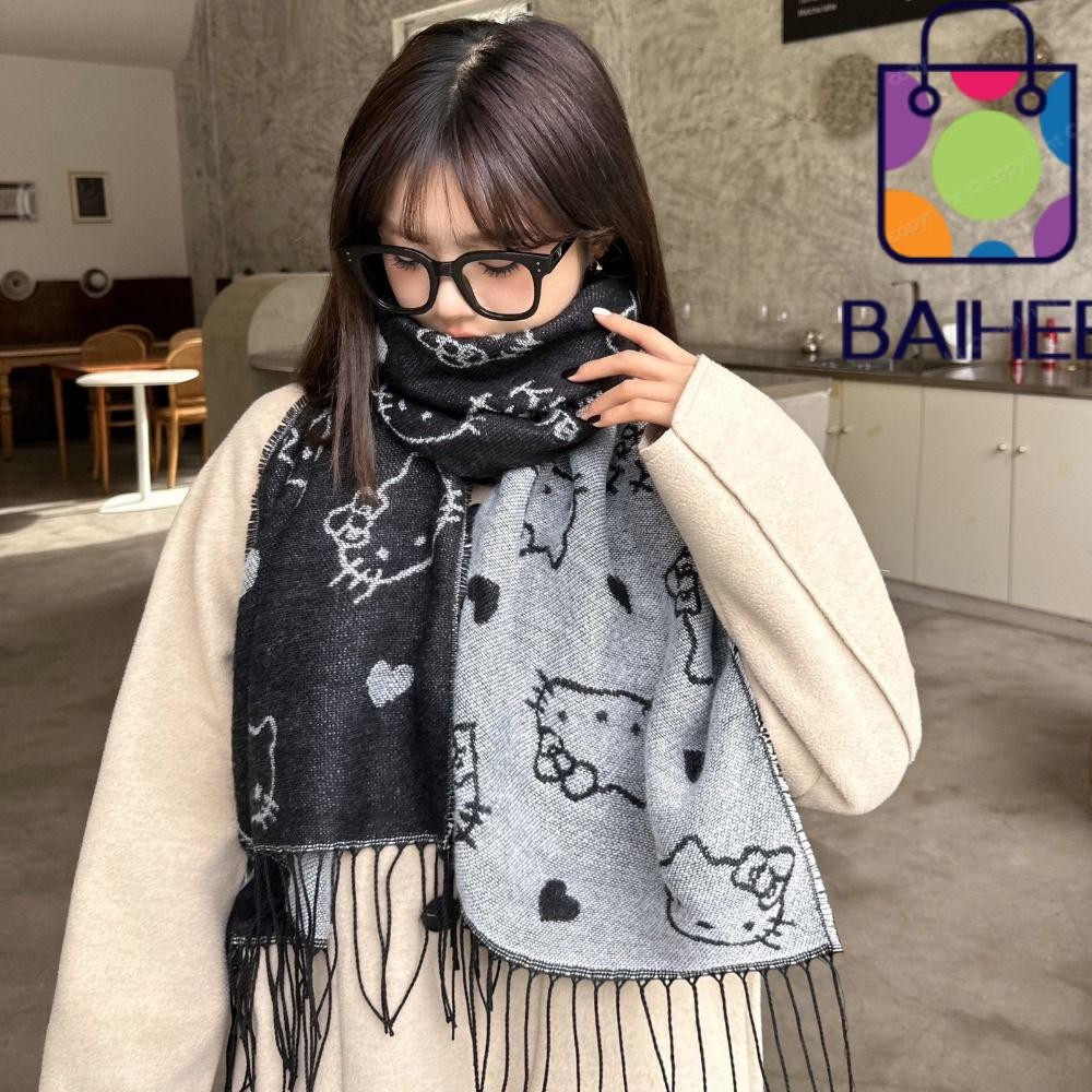 SANRIO ไป๋เฮ สวัสดี คิตตี้ ผ้าพันคอฤดูหนาว,นุ่มอบอุ่นยาวพู่ผ้าพันคอ, ซานริโอ สีดําสองด้านแคชเมียร์ผ้าคลุมไหล่ห่อหญิง