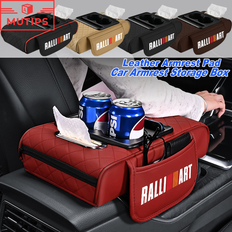 RALLIART เครื่องหนัง ที่พักแขนในรถ กล่องเก็บของคอนโซลกลาง ที่ท้าวแขน พร้อมกล่องทิชชู่และที่วางแก้ว X