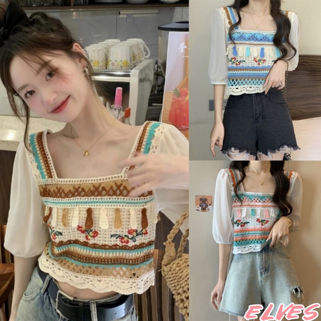 Elves✨พร้อมส่ง✨ เสื้อถักไหมพรม
 แขนสั้นผ้าชีฟอง คอสี่เหลี่ยม สไตล์ญี่ปุ่น~72026~ -C
