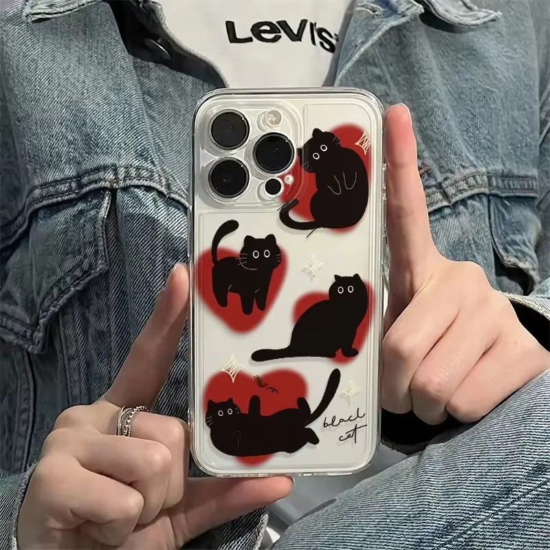 เคสโทรศัพท์สําหรับsamsung S25 Plus Ultra S23 FE S24 FE Samsung S24 S23 S22 Plus Ultra S21 S20 FEน่ารักLove-Heart Black Cat Cover