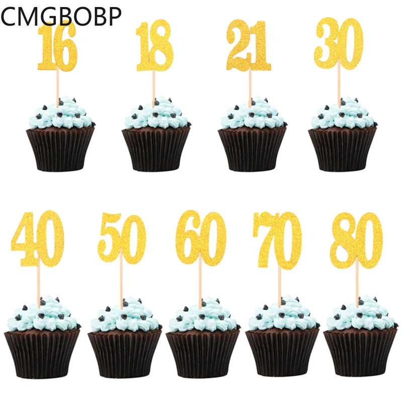 10 Pieces Glitter Gold Number 16 18 21 30 40 50 60 70 80 Cupcake Topper Cake Decoration for 30th Bir