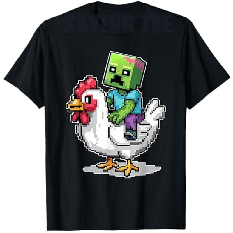 เสื้อยืดลาย Minecraft Funny Jockey Retro Chicken Jockey Video Gamer Y2K Design Graphic เสื้อยืดแขนสั