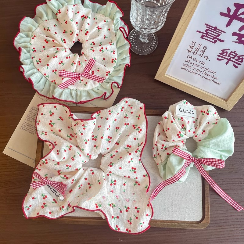 scrunchies bowknot square สำหรับผู้หญิง พิมพ์เชอร์รี่ เครื่องประดับผม