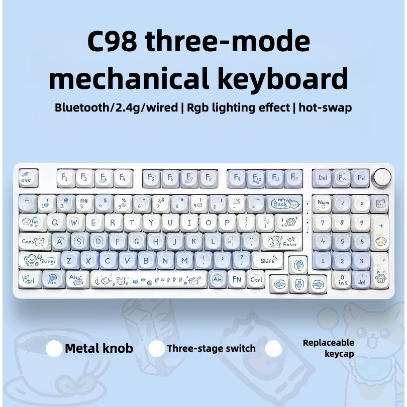 Lychee Gaming C98 ที่กําหนดเอง Tri โหมดไร้สายบลูทูธคีย์บอร์ดปุ่ม Thai RGB Hot-swappable E-sports เกม