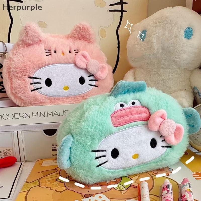 Herpurple Kawaii Hello Kitty Plush ดินสอการ์ตูนแต่งหน้ากระเป๋าขนาดใหญ่ความจุเครื่องเขียนเครื่องสําอางดินสอกระเป๋าของขวัญ TH