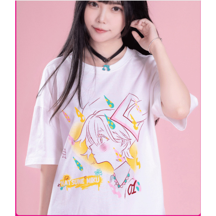 Moe Yu Hatsune Miku วิทยุ Invasion สเวตเชิลแขนสั้นสำหรับผู้หญิง คอругกลoose มี merchandises