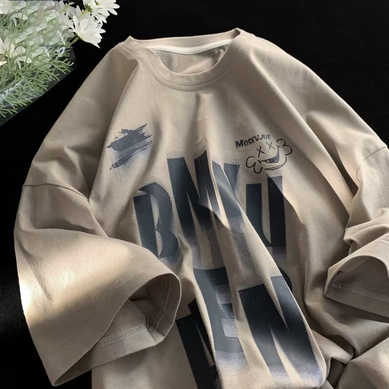 เสื้อยืดแขนสั้นพิมพ์ลาย,สไตล์ฮ่องกงเวอร์ชั่นเกาหลีแบรนด์น้ําหลวม