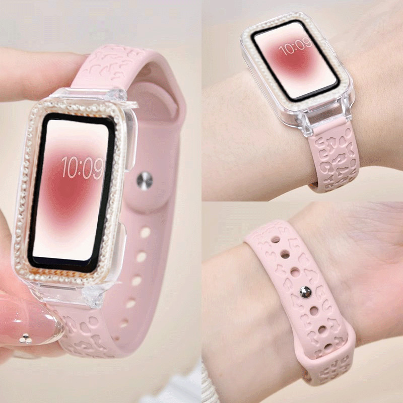 สายซิลิโคนเสือดาวแกะสลักพร้อมเคสเพชรสําหรับ Huawei Band 9 8 Smartwatch Band Huawei Band 6 7 สายรัดข้อมือทดแทนอุปกรณ์เสริม