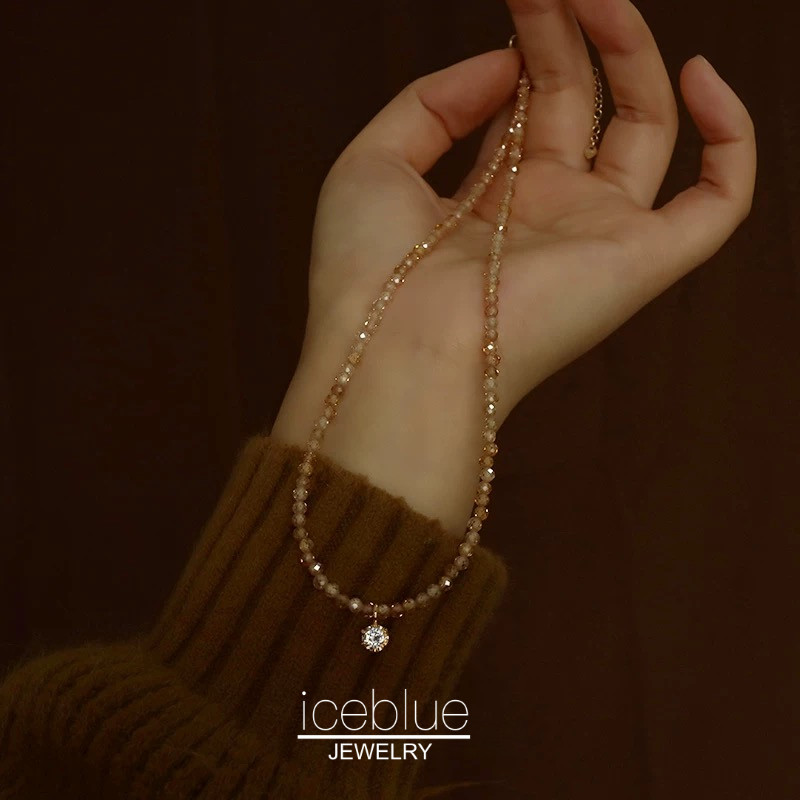 Iceblue-หินธรรมชาติลูกปัดสร้อยคอเพชรไทเทเนียมเหล็ก Hypoallergenic 18K Gold Plated กันน้ํา Non Tarnish หรูหราของขวัญแฟชั่นสร้อยคอผู้หญิง N18