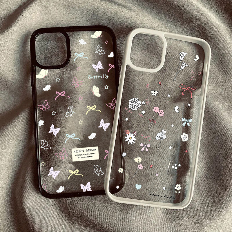 ปลอกเข้ากันได้สําหรับiphone 11 16 14 15 12 13 Pro Max 8 7 Plus XR X XS Max SE2020 2022 ดอกไม้ที่มีสีสันโบว์กันกระแทกClear Hardซิลิโคน