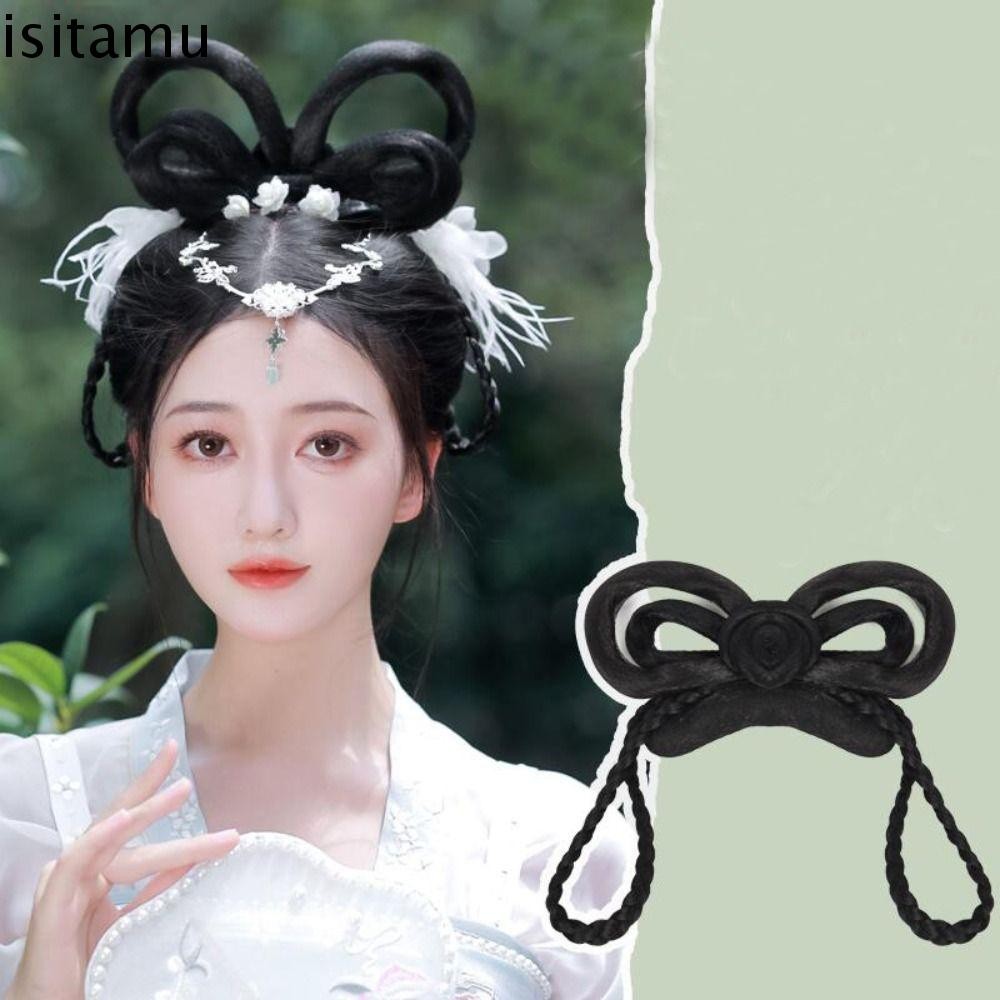 Isitaft Hanfu วิกผมแถบคาดศีรษะสีดํา DIY ทุกวันเจ้าหญิง Hairpiece ผมปลอม Vintage Headwear สไตล์จีนโบราณแบบดั้งเดิม Twist Braid Bun