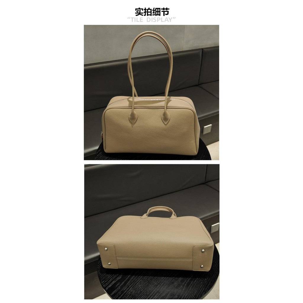 F First Layer Cowhide Boston Pillow Bag Korean Niche Underarm Bag Large Capacity Tote Bag Commuter Shoulder Handbag
