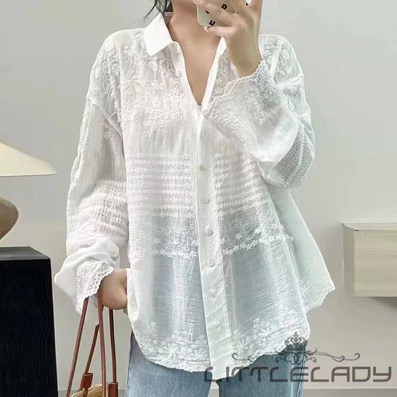 Ltl-ผู้หญิงหลวมปกคอยาวแขนยาวติดกระดุมป้องกันแสงแดดเสื้อลําลองกลวง