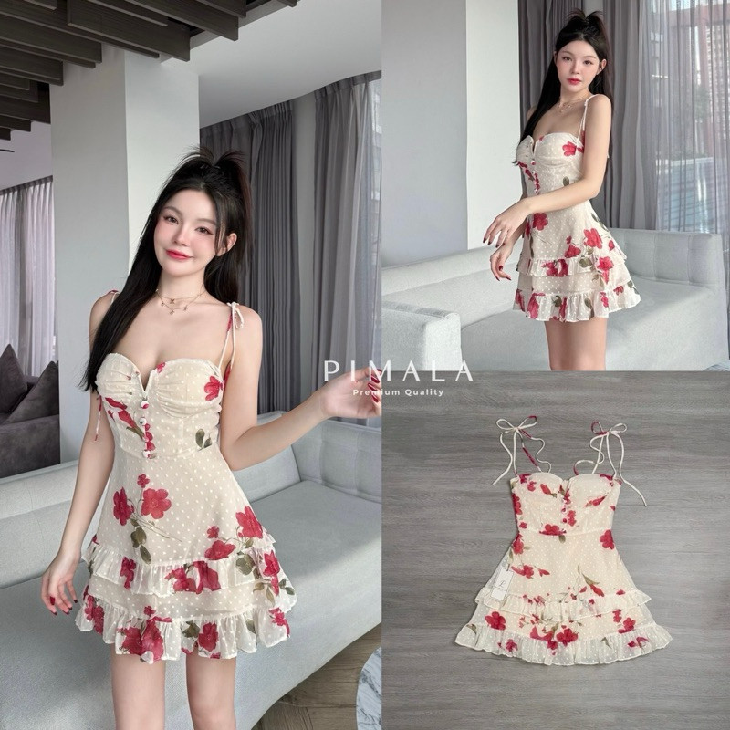 PD (พร้อมส่ง) pimala141  เดรสสายเดี่ยวผูกโบว์รุ่นนี้ขายดีมาก เข้ากับทุกเทศกาล โทนสีครีมแดง shop PD.s