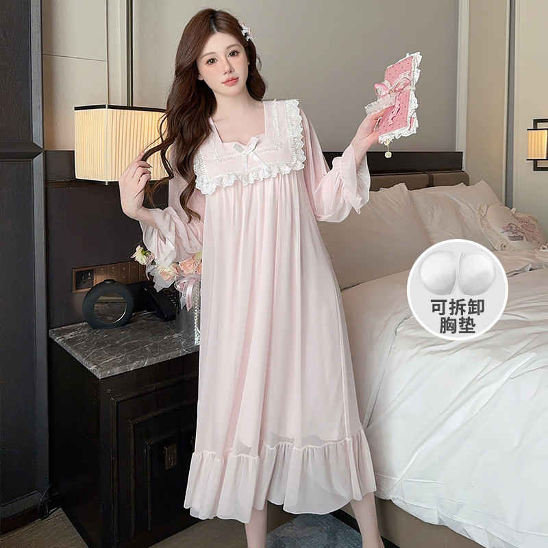 ชุดนอนผู้หญิง ผ้าตาข่าย ลูกไม้ โบว์ สไตล์หรูหรา บราในตัว แขนยาว ชุดนอน