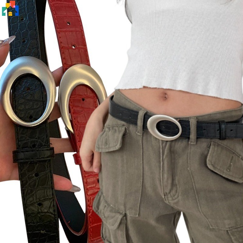 แฟชั่นขั้นสูงสีแดงเข็มขัดเอววินเทจอเมริกันเข็มขัดจระเข้เส้นสําหรับผู้หญิงหนัง ปู่ พังก์โลหะหัวเข็มขัดเข็มขัด