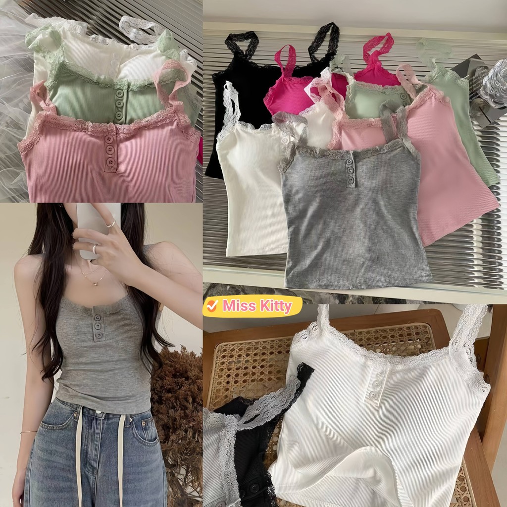 🎀Miss Kitty❤️พร้อมส่ง เสื้อสายเดี่ยวไหมพรม มีฟองน้ำ ดีเทลคอลูกไม้  "FY9062" -H