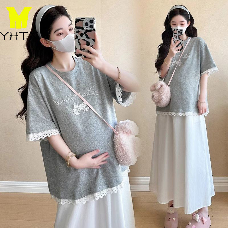 YHTN ชุดคลุมท้องฤดูร้อนแฟชั่นสไตล์เกาหลีหลวมปกปิดหน้าท้องแขนสั้นเสื้อกระโปรงพยุงหน้าท้องใส่ข้างนอกแบบสบายๆคุณแม่สุดฮอตครบชุด