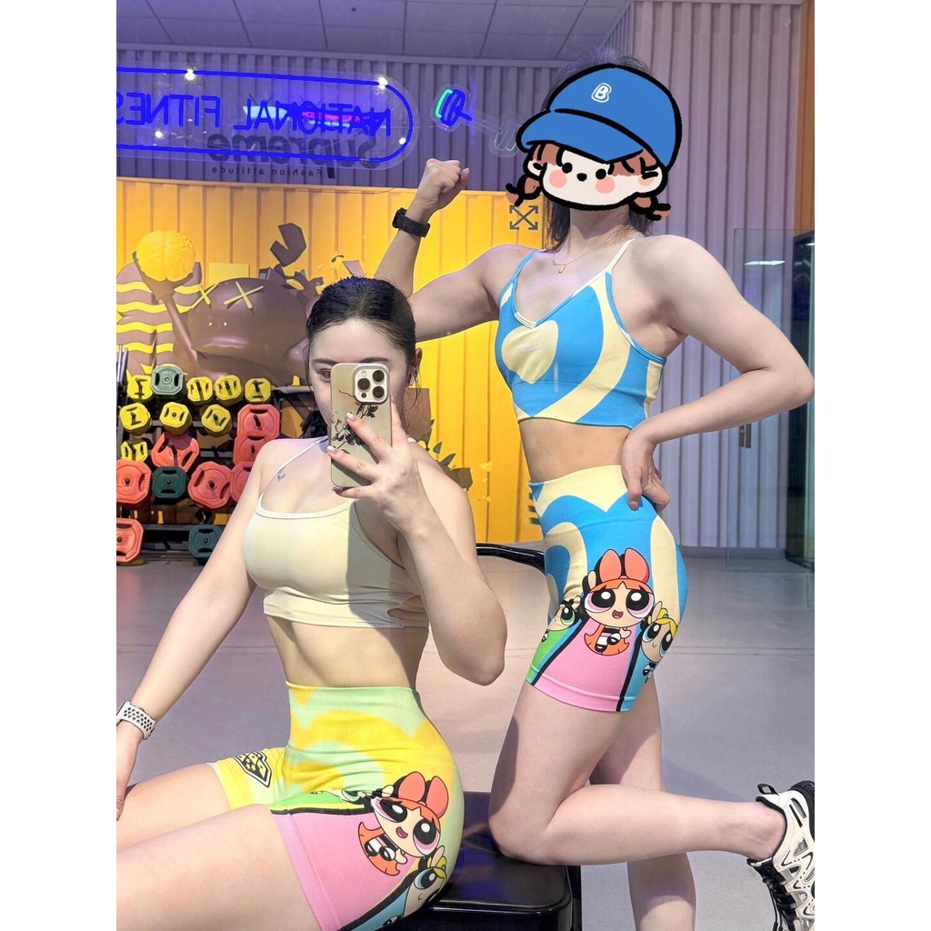 ชุดโยคะ ผู้หญิง ลายการ์ตูน Powerpuff Girls กางเกงยกก้น เอวสูง เสื้อ  อก ใส่ไปยิมหรือออกกำลังกายที่บ้าน