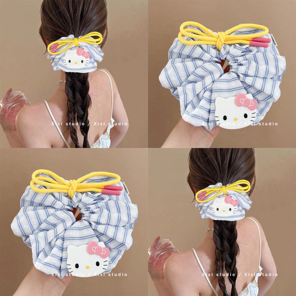 แหวนผมขนาดใหญ่ สไตล์เกาหลี Blue Stripes Cat Bow Scrunchy Ring