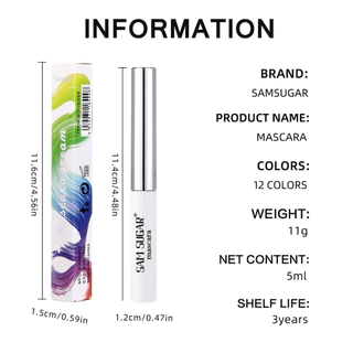 SAM SUGAR 12 สีกันน้ํา Volumizing มาสคาร่าสีสันสดใส Smudge-Proof Curling ติดทนนานสีขาวสีดําสีฟ้าสีชมพูมาสคาร่าสําหรับ Eye เครื่องสําอาง
