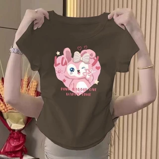 เสื้อรัดรูปเสื้อครอปฤดูร้อนอเนกประสงค์บางบาง คอกลม ทรงสลิมฟิต แสดงผอม เสื้อยืดครอป เสื้อพิมพ์ลาย ลวดลายการ์ตูน เสื้อรัด