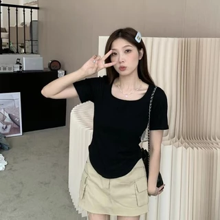 เสื้อครอปคอเหลี่ยมสวยๆผู้หญิงฤดูร้อนใหม่ กําลังฮิต เสื้อผ้าสาวอวบน่ารักเเฟชั่นสุดฮิตมินิมอลสไตล์เกาหลี เสื้อยืดทรง