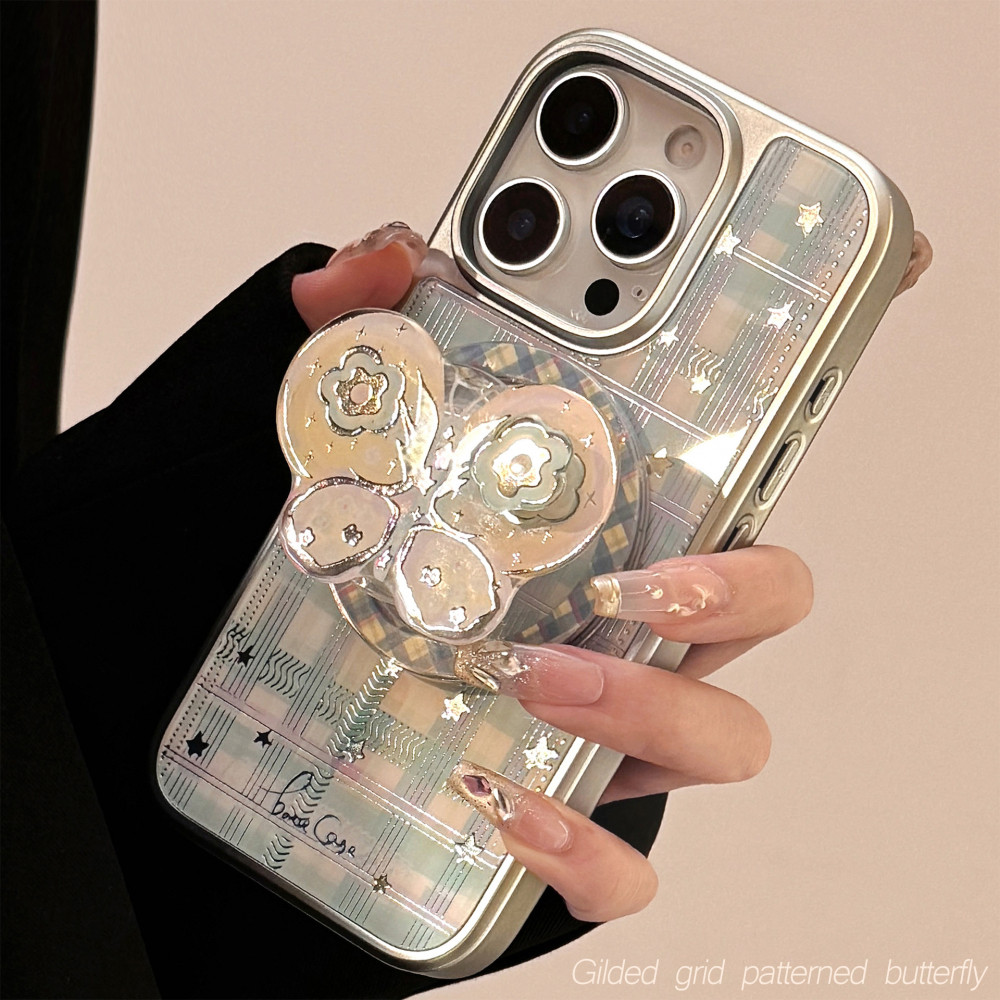 Ins ภาพวาดสีน้ํามันศิลปะหมุนได้ผีเสื้อที่วางขาตั้งแม่เหล็กตาราง Star เคส iPhone สําหรับ iPhone 16 15 14 13 12 11 XR ป้องกันรอยขีดข่วนฮาร์ดพีซีเคลือบเงาหนาปกหลัง