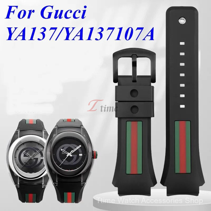 29x21มม. สำหรับ Gucci YA137/YA 137107 สายรัดข้อมือยางสำหรับนาฬิกา สายรัดที่มีช่องยื่นออกมา กันน้ำ สำ