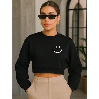 Cropped Moletom Feminino Rosto Feliz Simples Minimalista Swag Streetwear Fofo Tumblr Estiloso Várias Cores
