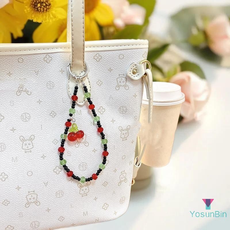 โยซันบิน] วินเทจเชอร์รี่ลูกปัดโทรศัพท์มือถือโซ่สายรัดข้อมือเสน่ห์เชือกเส้นเล็กกล้องสายคล้องมือสาวผู้หญิงจี้ใหม่