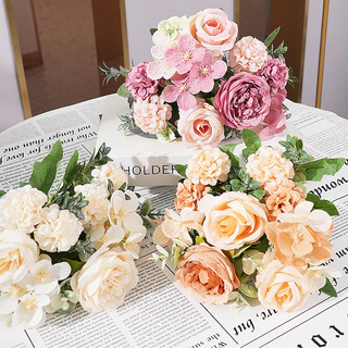 ดอกไม้ปลอม ดอกไม้ประดิษฐ์ ดอกกุหลาบ 8 ดอก ช่อดอกโบตั๋น DIY ช่อดอกไม้ปลอม สําหรับตกแต่งบ้าน ช่อดอกไม้ตกแต่งงานแต่งงาน