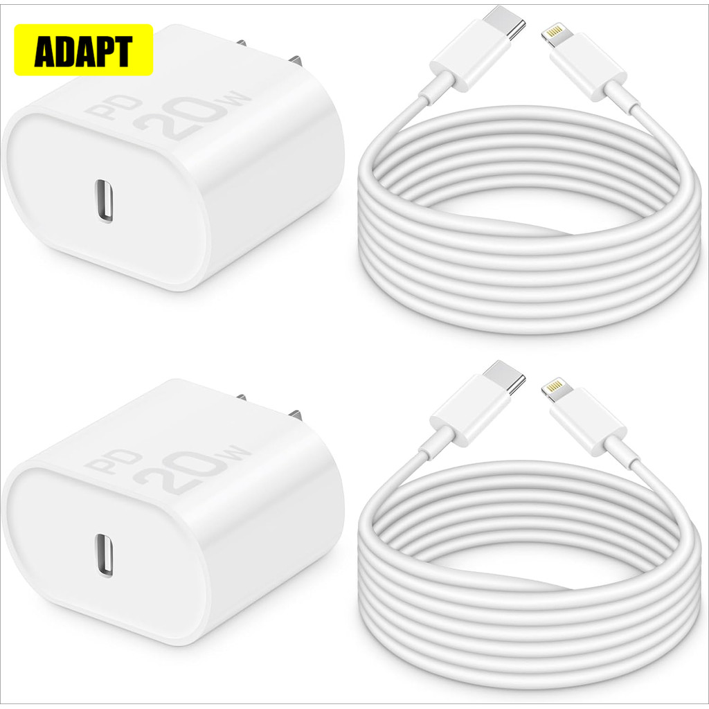 Adapt 10Ft Fast ChargingMFi-Certified 2-Pack 20W PD Fast Charger พร้อม 6Ft Fast Charging Block & Fas