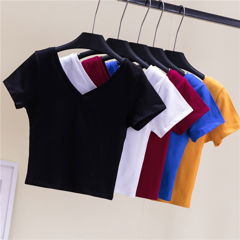 Cropped T-Shirt Women's Korean-Style Tight Navel Bottoming Shirt Elegant Short Double V-Neck Sleeve High Waist Top