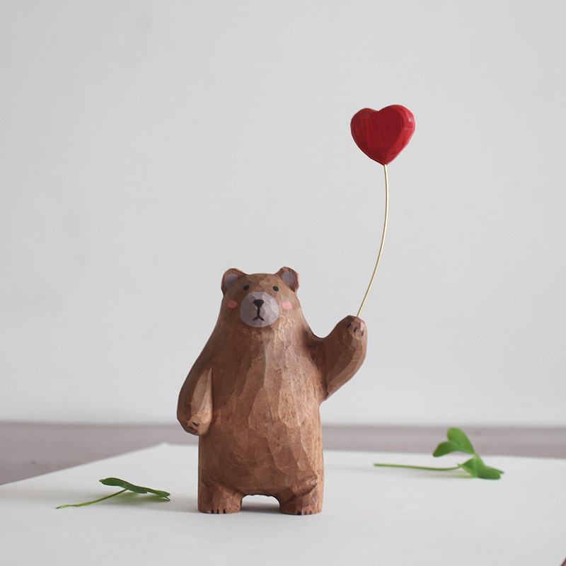 Dreamerhouse Handmade ไม้แกะสลักน่ารักหมีสีน้ําตาลบอลลูนรถเดสก์ท็อปตกแต่งบ้านเครื่องประดับสร้างสรรค์ของขวัญ