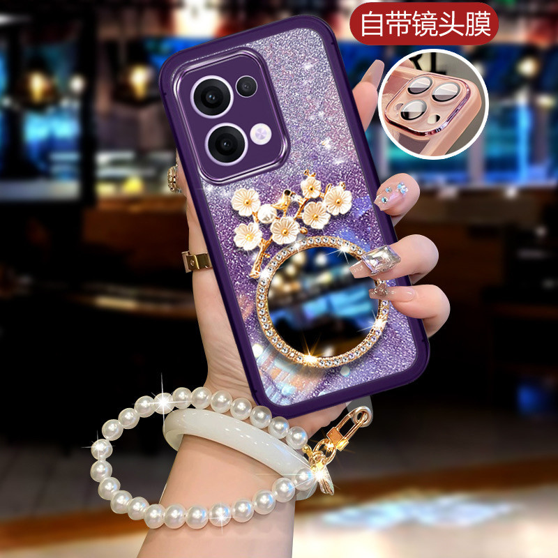 สําหรับoppo Reno13 Pro F A3 5G Reno 13 13Pro 13F Reno13Pro Reno13 HandphoneปลอกBlingเงา3Dดอกไม้กระจกสร้อยข้อมือมุกสายคล้องTPUซิลิโคนSoftcaseสาวเคสโทรศัพท์ปก