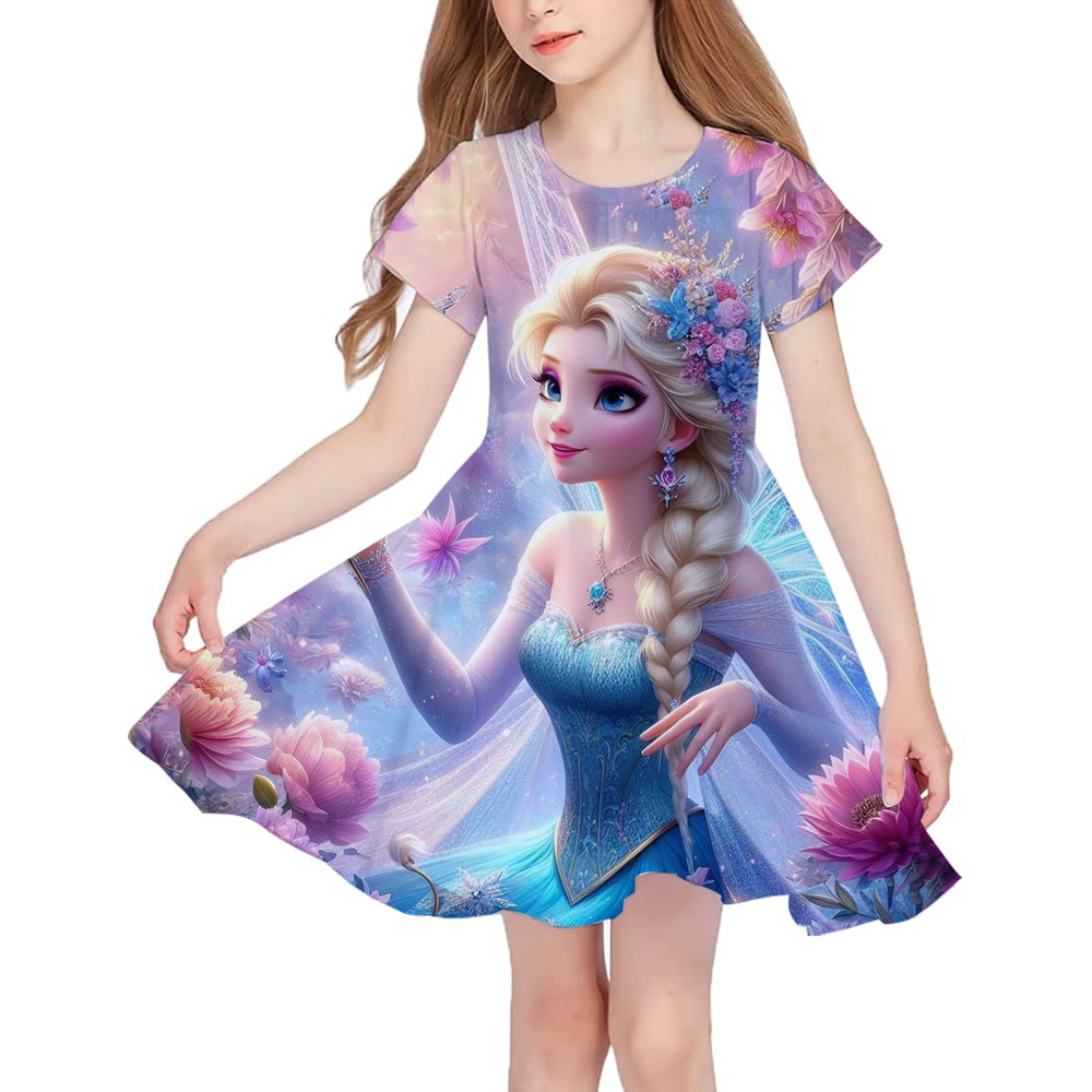 การ์ตูน Frozen Disneyland Trip ชุดลําลองสําหรับสาวน้อยเจ้าหญิง Frock เด็ก Elsa พิมพ์ Snow Queen สายฤดูร้อนเสื้อผ้า
