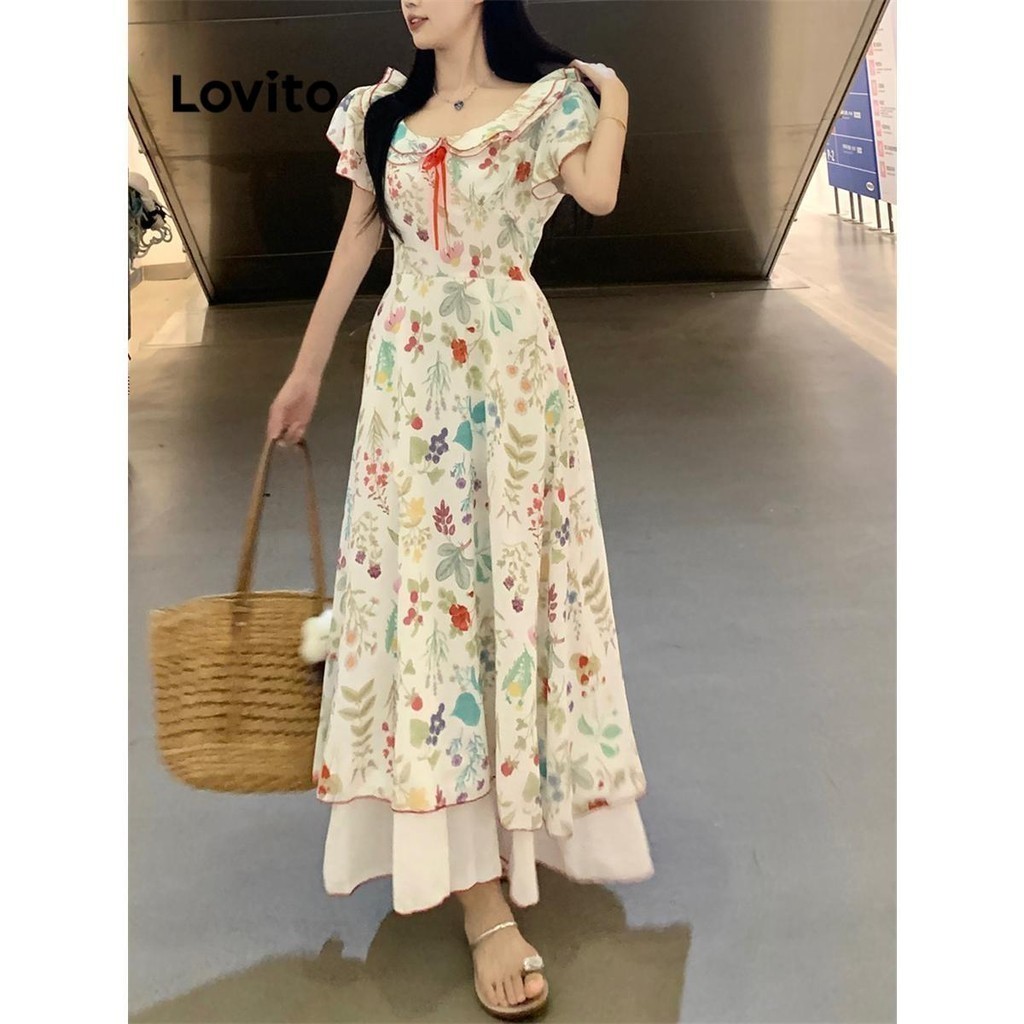 Lovito ชุดเดรสผู้หญิง ผูกหน้า แต่งระบาย พิมพ์ลาย สไตล์น่ารัก LNE70670