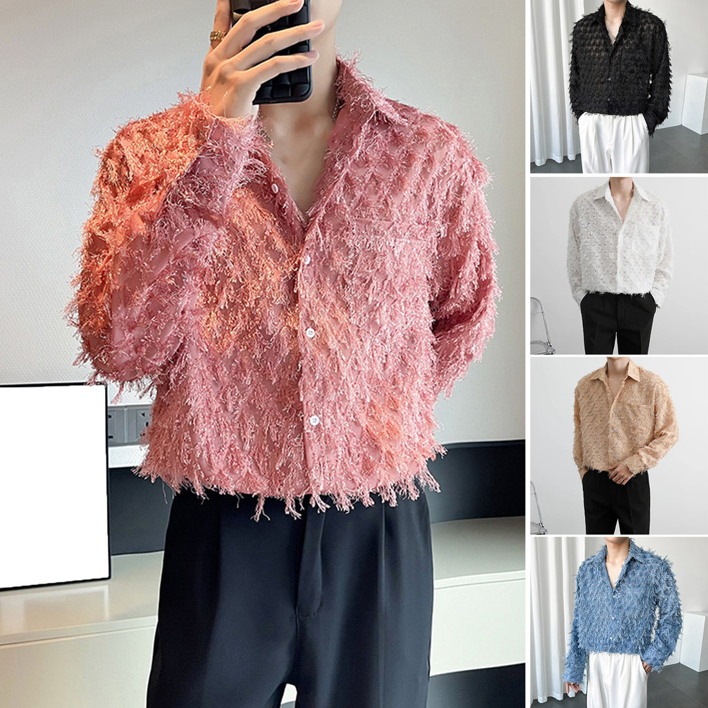 Hls ผู้ชายเสื้อกระเป๋า Breat และพู่ตกแต่ง Turn-down Collar กระดุมแถวเดียวแขนยาวสีทึบวันหยุด Christmas Party Club Top